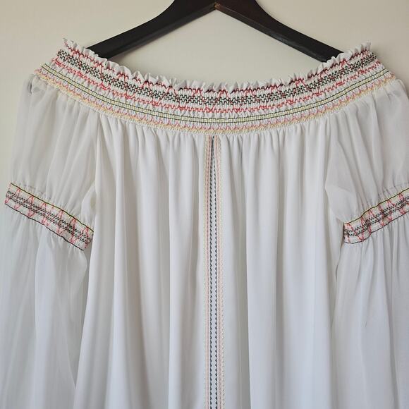 White House Black Market Off-Shoulder Peasant Blouse White Smocked Boho Size L - Picture 2 of 7